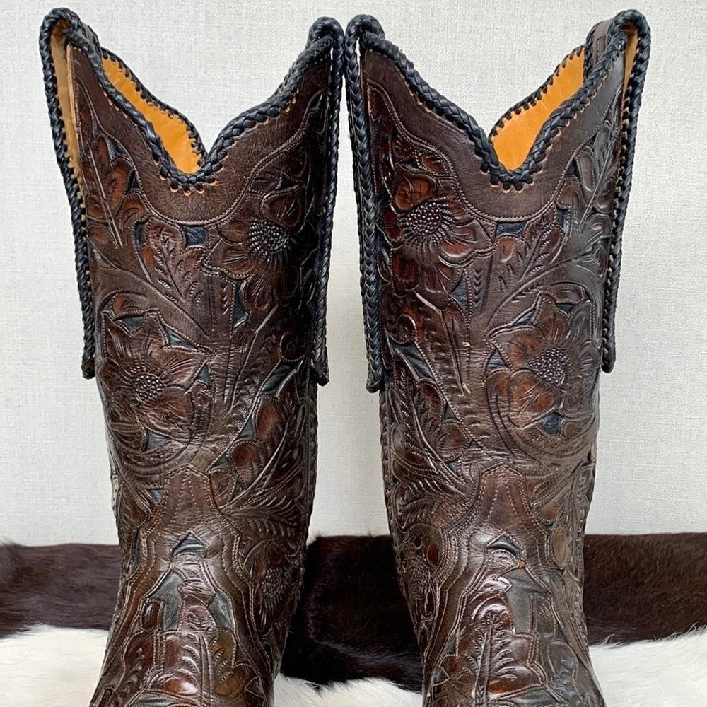 SOLD OLD GRINGO BOOT STAR Tooled Leather Handmade Brown Cowboy Western Boots 10 - Picture 10 of 14